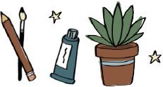 An illustration of a pencil, a paint brush, a paint tube, and a succulent